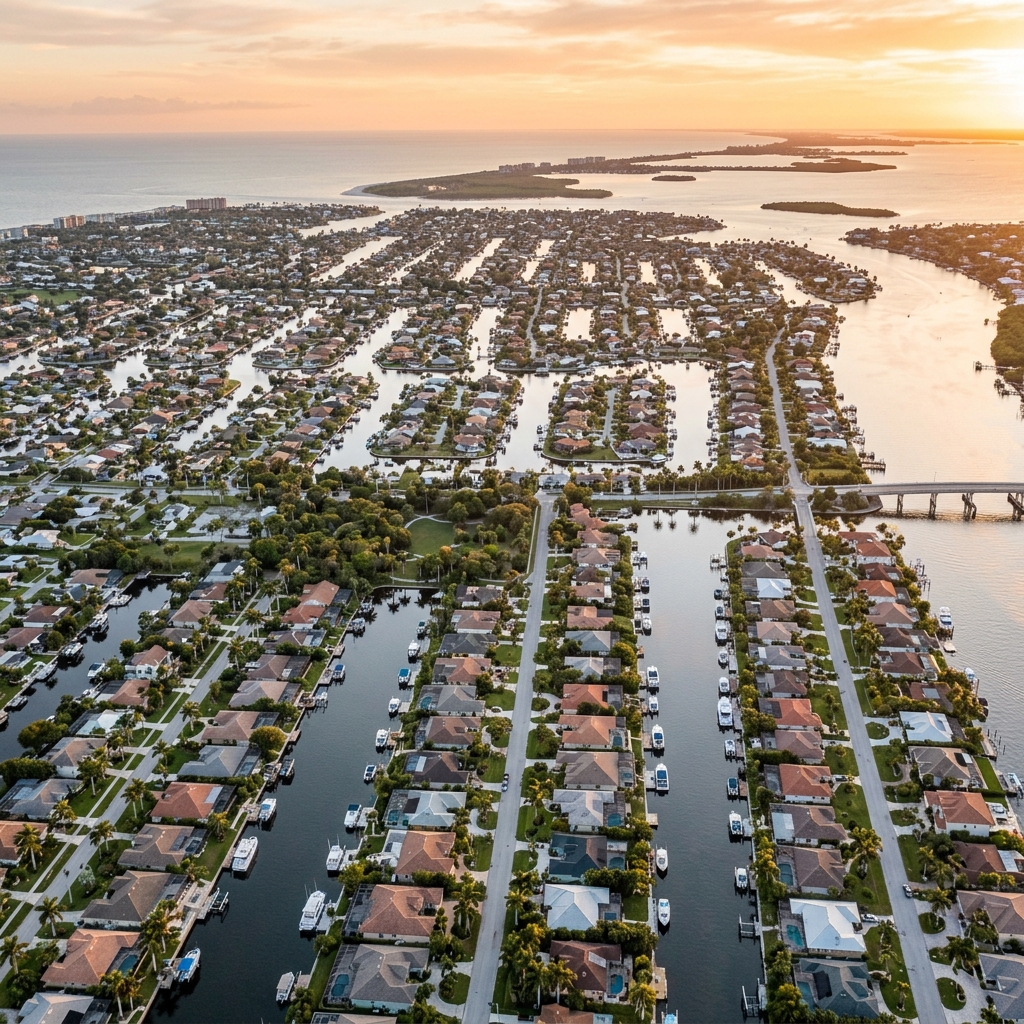 Cape Coral FL canal system and waterfront residential neighborhoods from above
