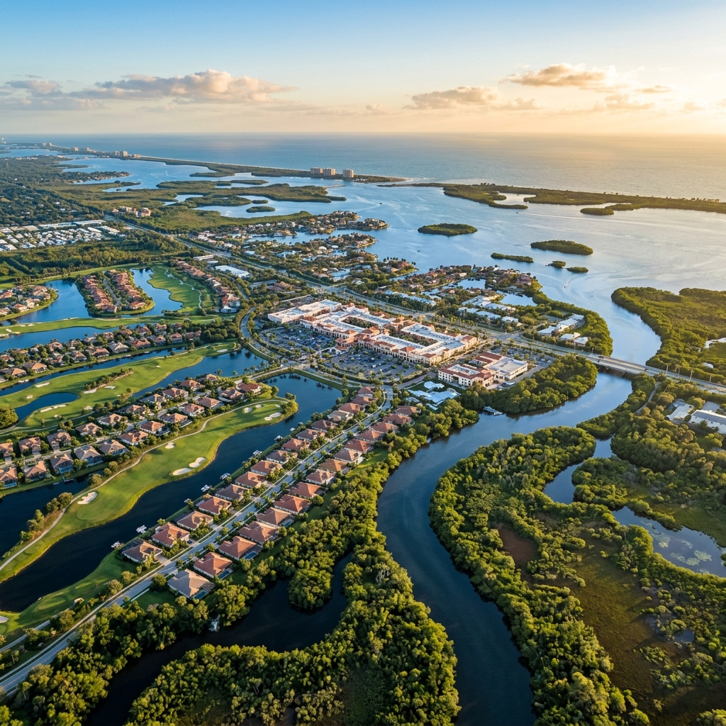 Estero FL planned communities and golf course developments in southern Lee County