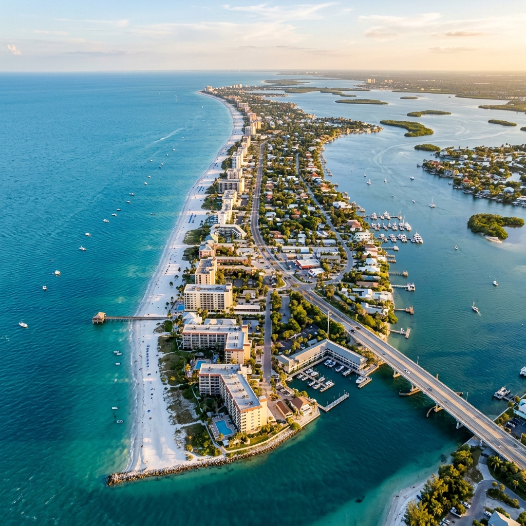 Fort Myers Beach FL aerial view showing Estero Island, Matanzas Pass bridge, and Gulf of Mexico beachfront
