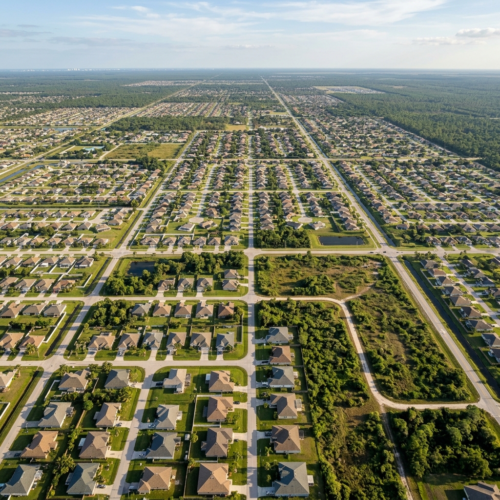 Lehigh Acres FL residential community - suburban neighborhoods and growing development in Lee County