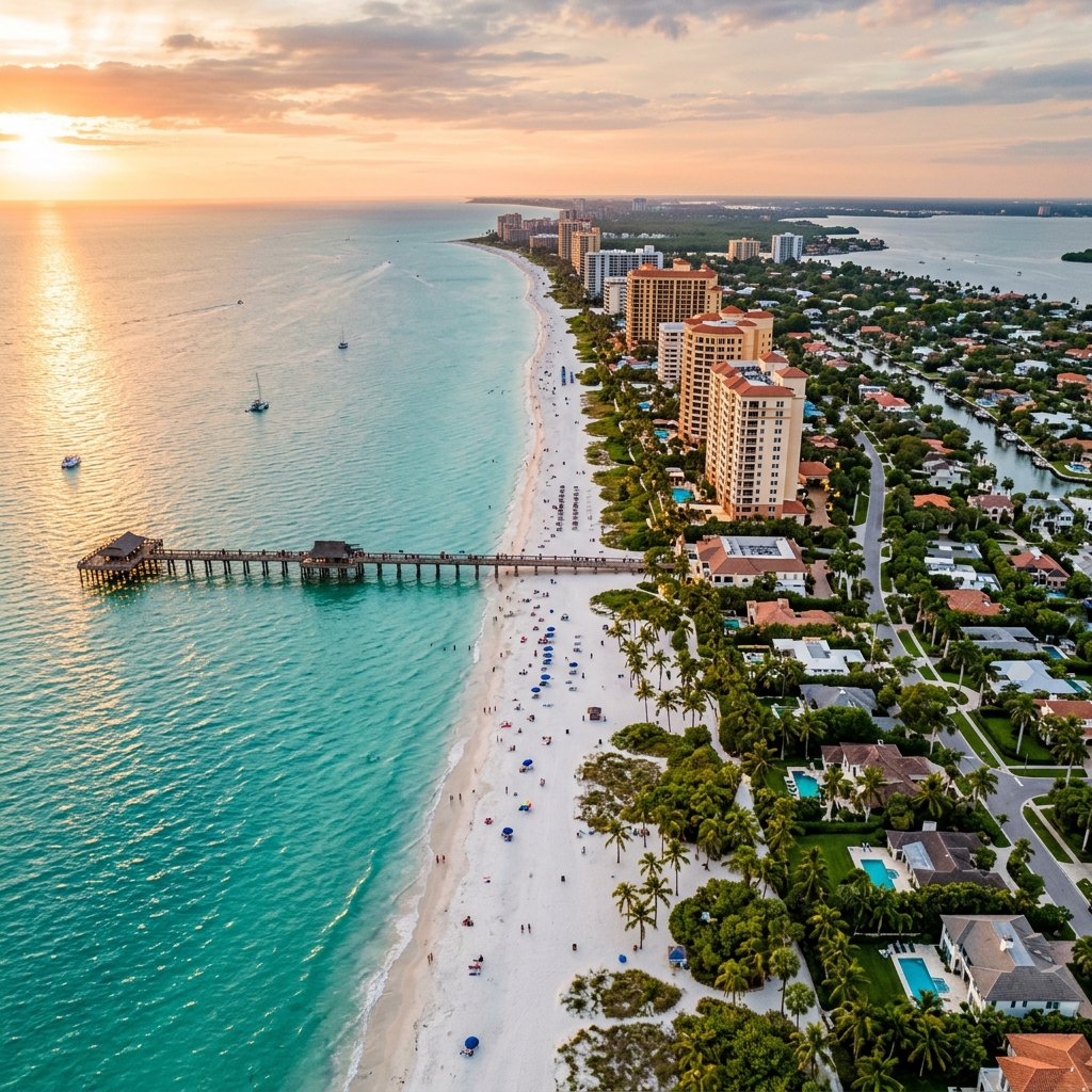 Naples FL aerial view showing Naples Pier, Gulf of Mexico beachfront, and luxury high-rise condos