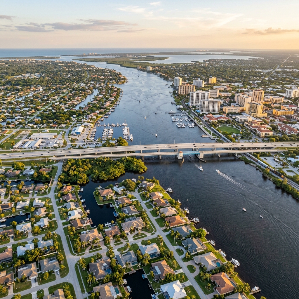 North Fort Myers FL community along the Caloosahatchee River - residential neighborhoods and waterfront properties
