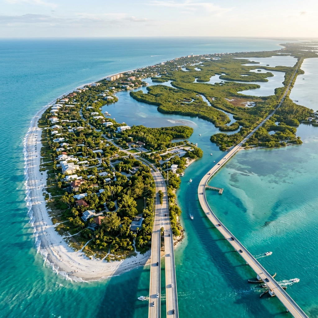 Sanibel Island FL aerial view showing the Sanibel Causeway, beaches, and J.N. Ding Darling Wildlife Refuge