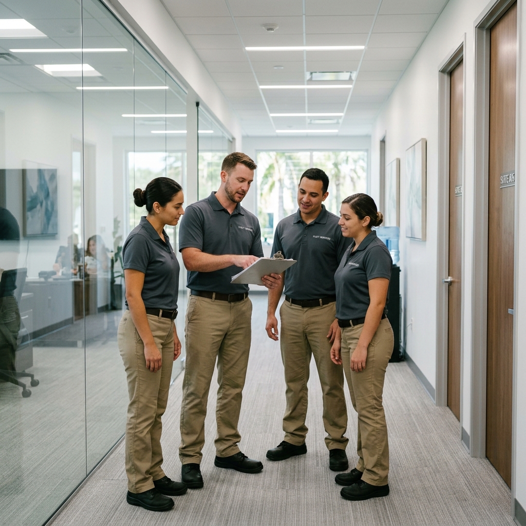 A discreet cleanup crew in a modern Fort Myers commercial office hallway