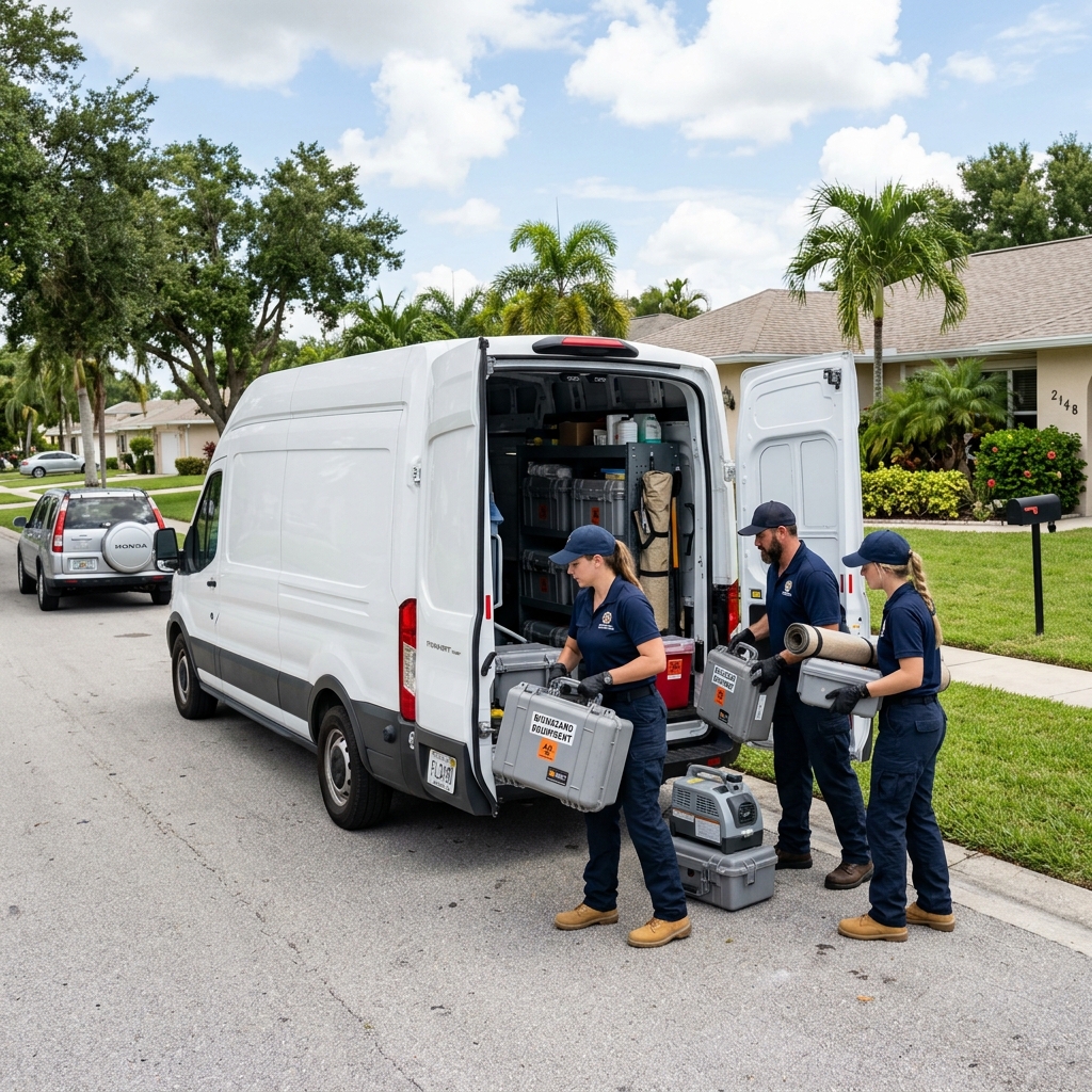 A professional biohazard cleanup team loading specialized equipment in Fort Myers