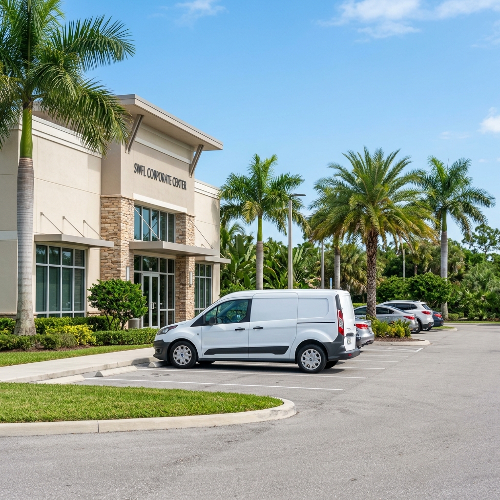 A discreet white service vehicle parked near a modern Southwest Florida commercial property