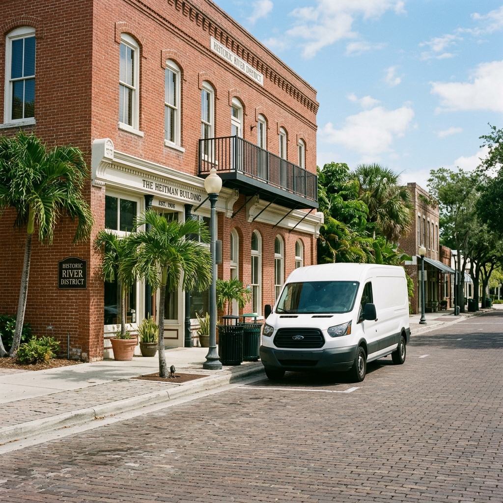 Service vehicle parked discreetly near a historic brick building in the Fort Myers River District